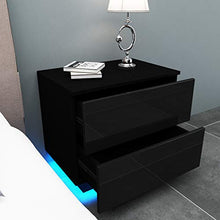 YOLEO Comodino Nero Lucido con LED (55x37x50 cm) / 2 Frontale Cassettiera in Truciolare - Illuminazione a LED - per Camera da Letto, Nero Brillante