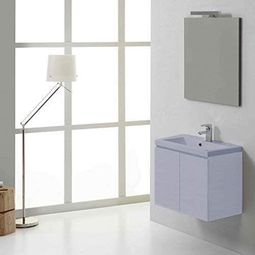 Bricozone Mobile Mobiletto Bagno in Legno Rabat con 2 Ante E Ripiani con Lavabo in Ceramica, Specchio E Lampada LED, Sospeso, Design Moderno, 60 x 46 x 60 Cm Colore Bianco