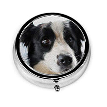 Boarder Collie - Contenitore rotondo per pillole con 3 scomparti, in metallo, per medicina e vitamine, per viaggi all'aperto