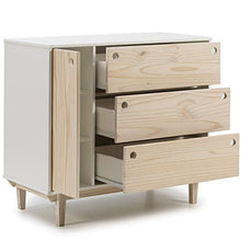 VS Venta-stock Cassettiera Roma 1 Porta e 3 Cassetti in Bianco, Gambe e Frontali in Legno Naturale