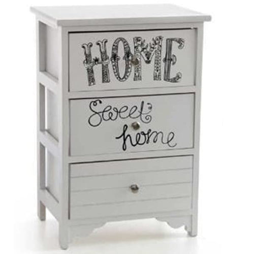 Trade Shop - CASSETTIERA IN LEGNO BIANCO 3 CASSETTI 40X29X58CM DECORATA CON TESTO SWEET HOME -