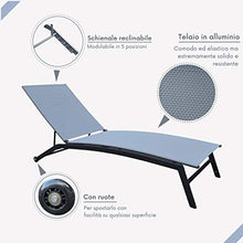 Lettino prendisole, con schienale reclinabile e modulabile in 5 posizioni, struttura solida con rotelle, telaio in alluminio, tessuto in textilene resistente di colore grigio, 193 x 59 cm