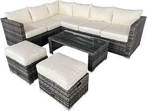 AVANTI TRENDSTORE - Lunata - Set di mobili Lounge da Giardino, Composto da 1 Divano ad Angolo, 2 sgabelli e 1 tavolino, in Rattan Sintetico Grigio e Vetro Trasparente, con i Cuscini Beige Inclusi.