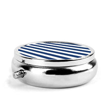 Scatola rotonda per medicina portatile, mini pillole in metallo, dispenser per pillole, borsa da tasca, regalo da viaggio, blu navy e bianco a righe