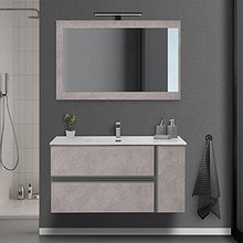 Mobile bagno sospeso 90/110 cm, cassetti e ante con chiusura rallentata, completo di specchio e lavabo in ceramioa (Effetto Pietra Beige, Mobile 110 con lavabo e specchio)