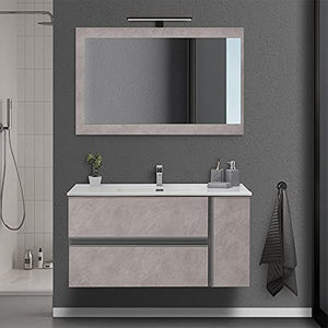 Mobile bagno sospeso 90/110 cm, cassetti e ante con chiusura rallentata, completo di specchio e lavabo in ceramioa (Effetto Pietra Beige, Mobile 110 con lavabo e specchio)