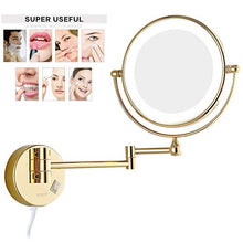 Specchio per il trucco illuminato a LED da parete, specchio da bagno allungabile a doppia faccia in ottone da 8 pollici con ingrandimento, con interruttore e spina,D'oro,10X