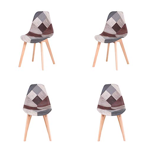 Set di 4 sedie da ufficio per la casa patchwork in lino con gambe in legno, per sala da pranzo, soggiorno, colore: grigio