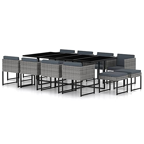 Tidyard Set 13 pz da Pranzo da Giardino in Polyrattan Grigio,Set Tavolo e Sedie da Giardino per Esterno in Polyrattan,Set Tavolo in Vetro e 8 Sedie con Braccioli e 4 Sgabelli da Giardino per Esterno