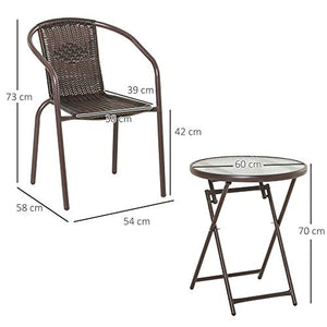 Outsunny Set Tavolo Pieghevole e 2 Sedie da Giardino in Acciaio e Rattan PE, Arredamento da Esterno da 3 Pezzi Marrone