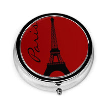 Scatola rotonda per medicina portatile, mini portapillole in metallo, dispenser per pillole tascabili, borsa regalo, Torre Eiffel, Parigi rosso