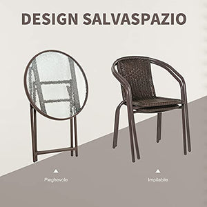 Outsunny Set Tavolo Pieghevole e 2 Sedie da Giardino in Acciaio e Rattan PE, Arredamento da Esterno da 3 Pezzi Marrone