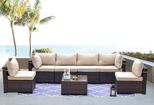 Set di Mobili Patio 7 Pezzi Set Sofà PE Set di Divano in Rattan Set Marrone Conversazione con Conversazione in Vimini Manuale con 6 Cuscini di Seduta Sabbia E 1 Tavolino in Vetro Temperato