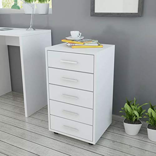 BIGTO - Armadietto da ufficio con ruote con 5 cassetti, in truciolato, con cassetti da giardino, colore: bianco, 33 x 38 x 63 cm