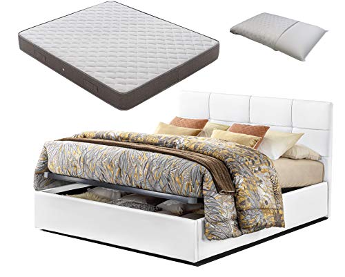 SARDAMATERASSI - Letto piazza e mezza con Box Contenitore similpelle bianco touch + Materasso piazza e mezza altezza 20 cm+ Guanciale memory foam saponetta