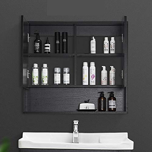 JIAGU Mobiletto del Bagno 3 Ripiani fissato al Muro Bagno/Powder Room rispecchiato Porta Vanity Cabinet Medicine Chest (Color : Black, Size : 100x70x13cm)