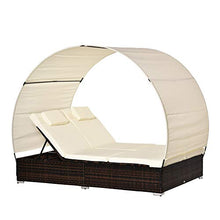 Outsunny Sdraio da Giardino Doppia con Tettuccio e Schienale 5 Reclinazioni, Lettino Prendisole in Rattan PE 196x137x36.5cm Bianco Crema