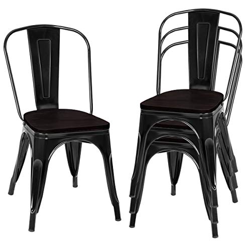 DREAMADE Set di 4 Sedie in Metallo e in Legno di Olmo, Sedie Compatte, Antiruggine e Impilabili, Sedie in Stile Industriale, Ideali per Cucina, Soggiorno e Giardino, 51 x 44 x 85,5 cm (Nero)