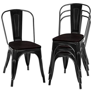 DREAMADE Set di 4 Sedie in Metallo e in Legno di Olmo, Sedie Compatte, Antiruggine e Impilabili, Sedie in Stile Industriale, Ideali per Cucina, Soggiorno e Giardino, 51 x 44 x 85,5 cm (Nero)