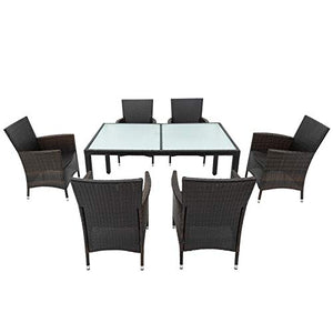 QYLJZB - Set di 7 sedie in rattan per esterni, per cortile, piscina, balcone, giardino, patio, con 6 poltrone singole, 1 tavolo, 6 cuscini (marrone scuro)