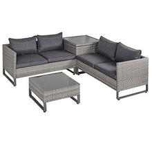 Outsunny Set Mobili da Giardino in Rattan PE con 2 Divani Angolari, Contenitore e Tavolino con Cuscini, Arredamento da Esterno in Grigio