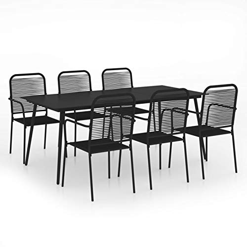 Qnotici 7 Parti Set da Pranzo da Giardino Gruppo di sedute Mobili da Giardino Tavolo da Giardino Set da Giardino Mobili da Balcone Corda di Cotone e Acciaio Nero - Tavolo 190 x 90 x 74 cm