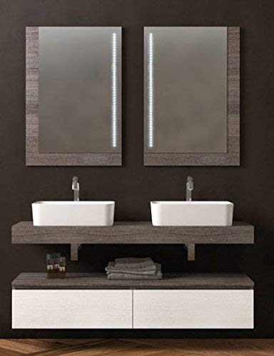 Mobile da bagno, specchio con luci a led, cassetti come da foto Misura: L.140 P.46 cm Finitura: Rovere ?tranch�? scuro e Bianco Top: Legno con lavabo ad appoggio in ceramica - 100% made in Italy