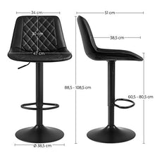 SONGMICS Set di 2 Sgabelli da Bar, Altezza Regolabile, con Schienale, Seduta Imbottita, Poggiapiedi Metallico e PU Trapuntata, in Soggiorno e Ristorante, Portata di 120 kg, Nero LJB073B01