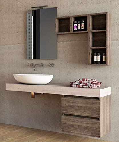 Mobile da bagno, specchio con luci a led, cassetti come da foto Misura: L.140 P.46 cm Finitura: Rovere ?tranch�? scuro e chiaro Top: Legno con lavabo ad appoggio in ceramica - 100% made in Italy