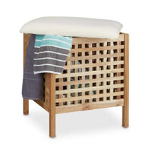 Relaxdays Sgabello da Bagno, Pouf Contenitore, Cuscino Imbottito, Portabiancheria, Porta Oggetti, Legno, Naturale Bianco, Noce, Marrone, 49.0x49.0x52.0 cm