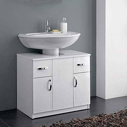 Mobile copricolonna sottolavabo in Legno 70x46xH62 Bianco Lucido (2 Ante 2 cassetti)