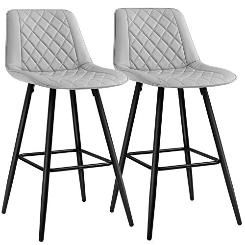 SONGMICS Sgabelli da Bar, Set di 2 Sedie Alte per Cucina, Struttura Metallica, Schienale, Seduta Imbottita, Poggiapiedi, PU Trapuntata, in Soggiorno e Ristorante, Portata di 120 kg, Grigio LJB025G01