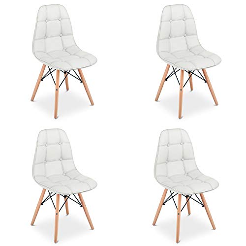 GroBKau Set di 4 Sedie Imbottite in Pelle PU, Seduta e Schienale Imbottiti, con Gambe in Legno, per Soggiorno, Sala da Pranzo e Cucina (Bianco)