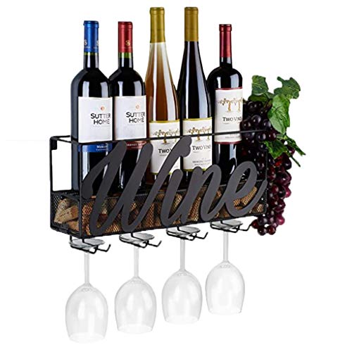 Decorazioni per la casa Industriale Scaffale per Vino fissato Muro - Porta Bottiglie e Vetro Metallo - Portaoggetti Sughero - Decorazioni per casa Cucina Bar - Portaoggetti, Nero Organizzatore