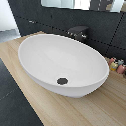 SENLUOWX - Lavabo da appoggio in ceramica moderna con ovale bianco, 40 x 33 cm, mobile da bagno