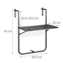 Relaxdays Tavolino Pieghevole per Balcone, 3 Altezze Regolabili, LxP 59,5 x 36, Appeso a Ringhiera, Effetto Legno, Nero