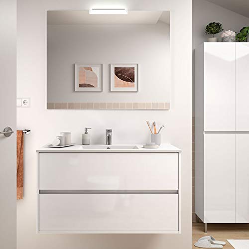 Yellowshop - Mobile Mobiletto da Bagno Sospeso in Legno Cm 100 Completo di Specchiera Lampada LED E Lavabo in Porcellana Arredo Modello Noja 1000