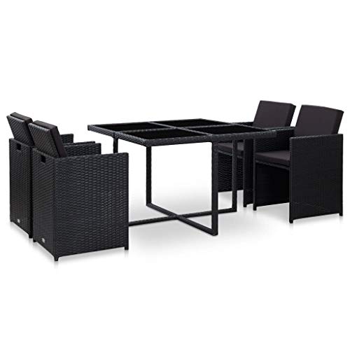 Tidyard Set da Pranzo da Giardino in Polyrattan, Set Mobili da Giardino, Tavolo Sedie da Esterni con Cuscini Nero 5 pz