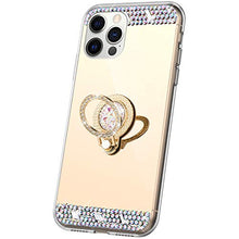 Surakey Custodia Effetto Specchio per iPhone 12/12 PRO,Glitter Strass Silicone Morbido Diamante Mirror Case con Anello Ultra Sottile Clear View Cover per iPhone 12/12 PRO,Oro