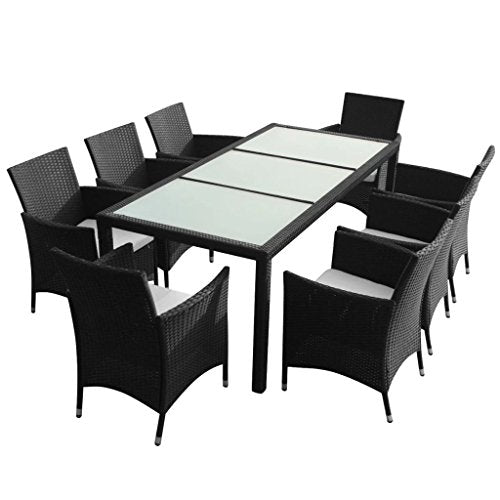 Tidyard Set da Pranzo da Giardino 9 pz con Cuscini in Polyrattan Nero, Set Mobili da Giardino in Rattan,Tavolo da Esterno 9 Posti, Tavolo con Sedie da Esterno 9 Posti 190 x 90 x 75 cm