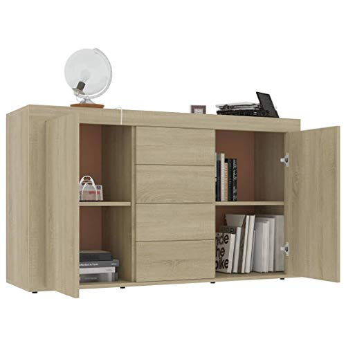 GOTOTOP Credenza in truciolato con 2 ante e 4 cassetti, armadio ausiliario moderno per corridoio, soggiorno, camera da letto, 120 x 36 x 69 cm, colore rovere Sonoma