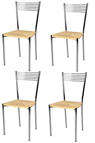 Tommychairs - Set 4 sedie modello Elegance per cucina bar e sala da pranzo, struttura in acciaio cromato e seduta in finta paglia color avorio