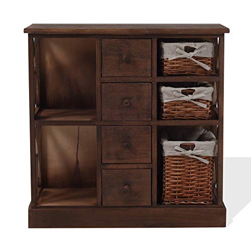 Rebecca Mobili Credenza Multiuso, mobiletto Cucina Bagno Camera, 4 cassetti 3 ceste, Marrone, Stil Country - Misure: 69 x 69 x 30 cm (HxLxP) - Art. RE4522