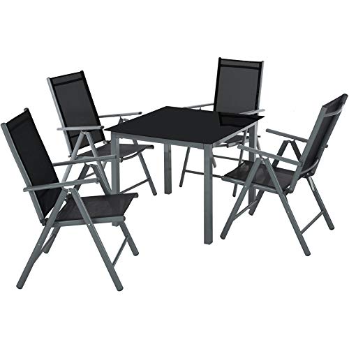 TecTake 800903 Alluminio Set Mobili 4+1, Tavolo+ Sedie Pieghevole, Schienale Reclinabile in 8 Posizioni, Resistenti alle Intemperie, Arredamento da Giardino (Grigio Scuro)