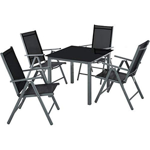 TecTake 800903 Alluminio Set Mobili 4+1, Tavolo+ Sedie Pieghevole, Schienale Reclinabile in 8 Posizioni, Resistenti alle Intemperie, Arredamento da Giardino (Grigio Scuro)