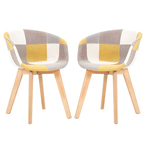 Poltrona Sedia da pranzo moderna in tessuto con schienale Gambe in legno massello Set di 2 sedie da cucina Cuscino morbido Stile fresco Adatto per ufficio Camera da letto Soggiorno caffetteria gialle