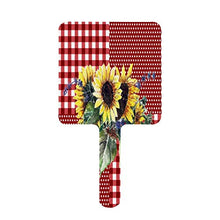 Specchio a mano, bouquet di girasole su rosso a quadretti quadrati con manico per trucchi, casa, salone di viaggio, 9 cm di larghezza x 16 cm di lunghezza.