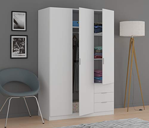 Dmora Armadio Ante e Tre cassetti con Ripiani e Barra Appendiabiti Colore Bianco, Misure in cm 121 x 51 x h180, Small