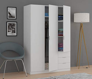 Dmora Armadio Ante e Tre cassetti con Ripiani e Barra Appendiabiti Colore Bianco, Misure in cm 121 x 51 x h180, Small