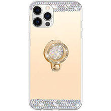 Surakey Custodia Effetto Specchio per iPhone 12/12 PRO,Glitter Strass Silicone Morbido Diamante Mirror Case con Anello Ultra Sottile Clear View Cover per iPhone 12/12 PRO,Oro